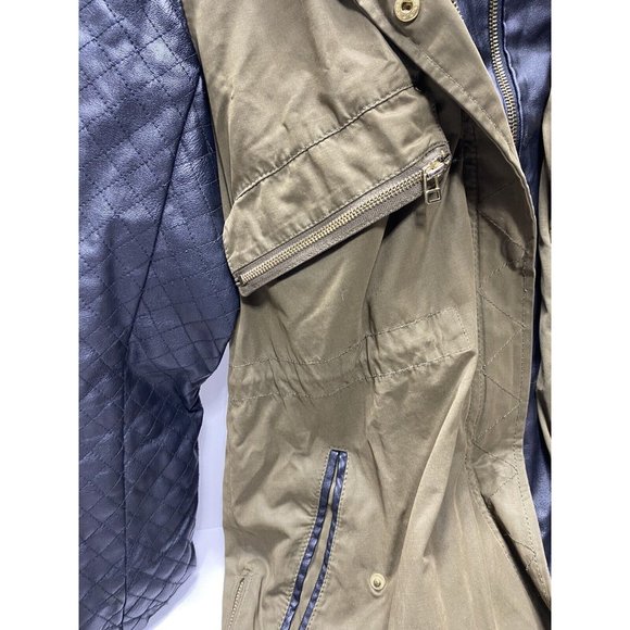 Green Zara Leather and Khaki Winter/Fall Coat Parka L -As is front zipper broken - Picture 7 of 16